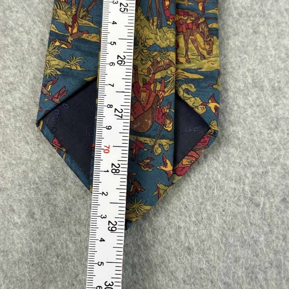 Vintage Ferragamo Silk Tie Horse Rider Hunting Birds Italy Blue 58x3.5" - Picture 5 of 6
